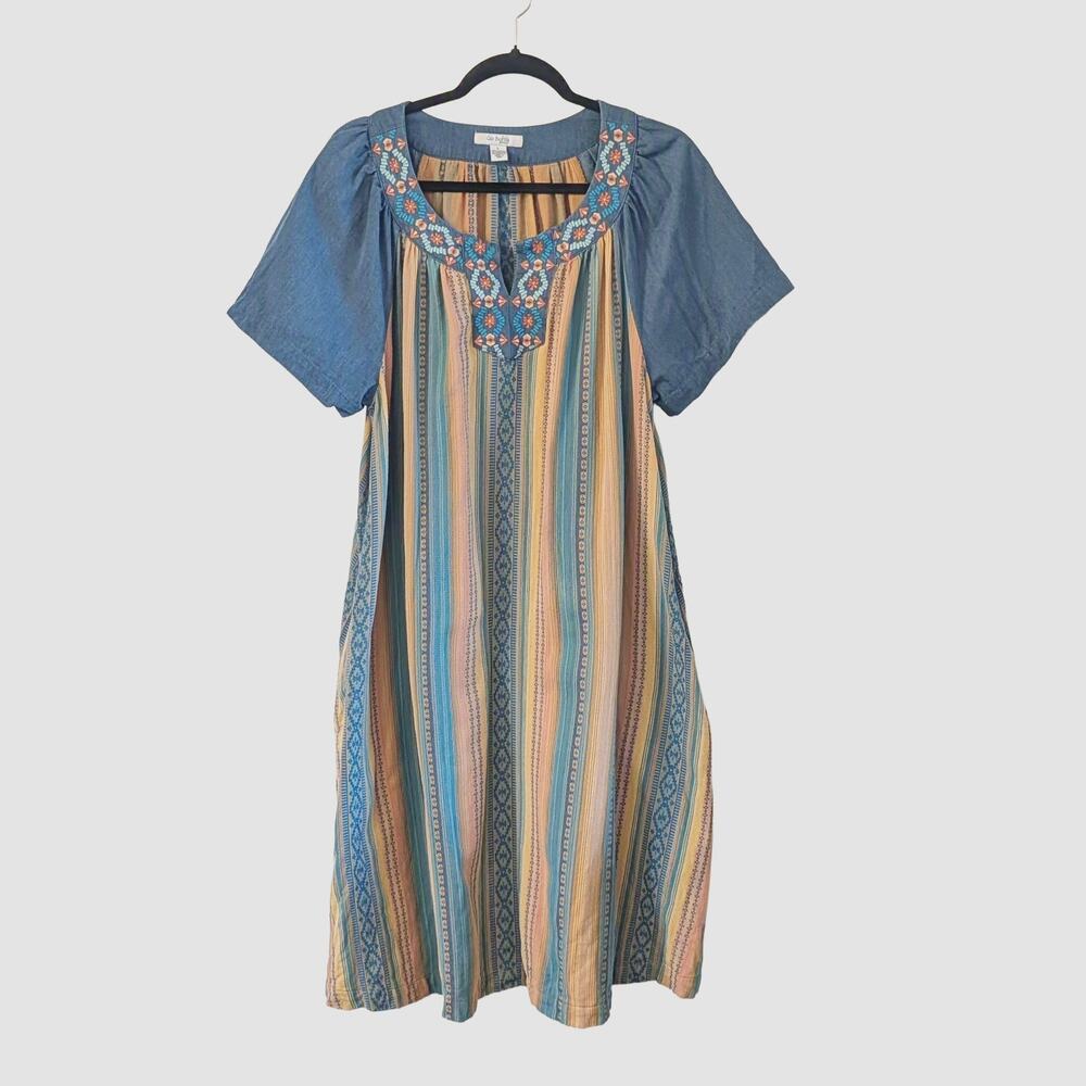 Go Softly Patio Cotton Embroidered Midi Dress Large Pockets Boho Grandmacore